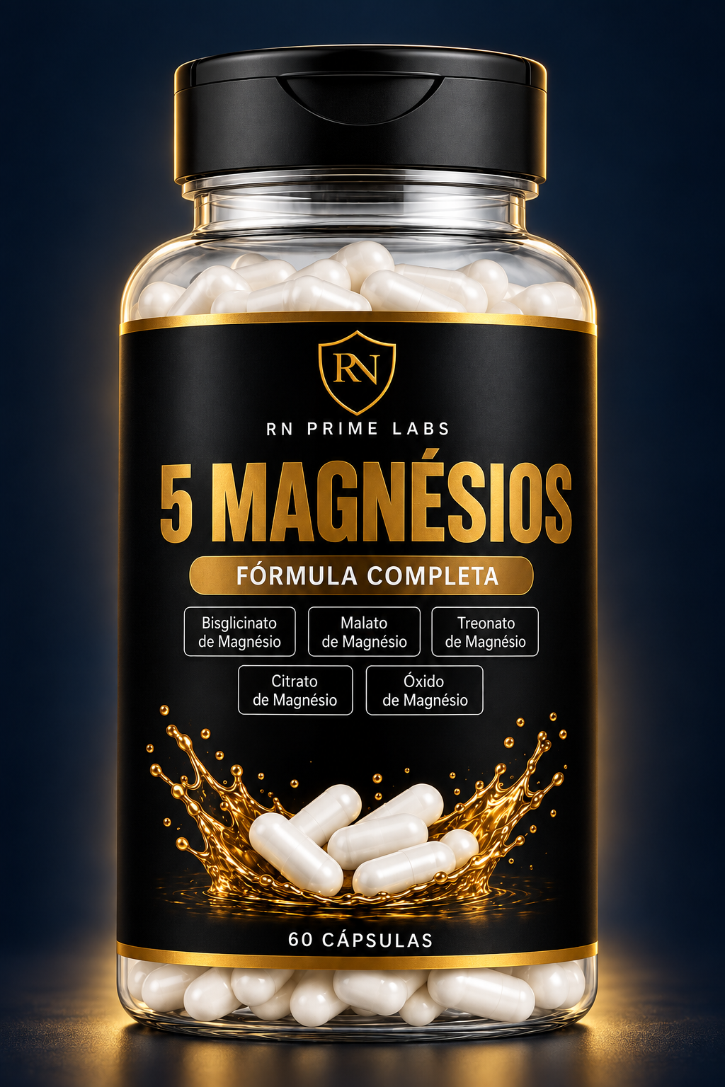 Frasco 5 Magnésios RN Prime Labs, com rótulo preto e dourado